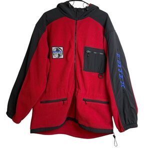 Eddie Bauer EBTEK Fleece Jacket Mens Size Large Red Black Vintage Hood Zip 90s